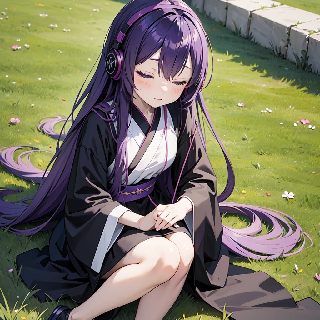 1 person. Anime girl with long purple hair and black robe. Pointy ears. Cute as in manga. Sitting on grass with eyes closed. Headphones.