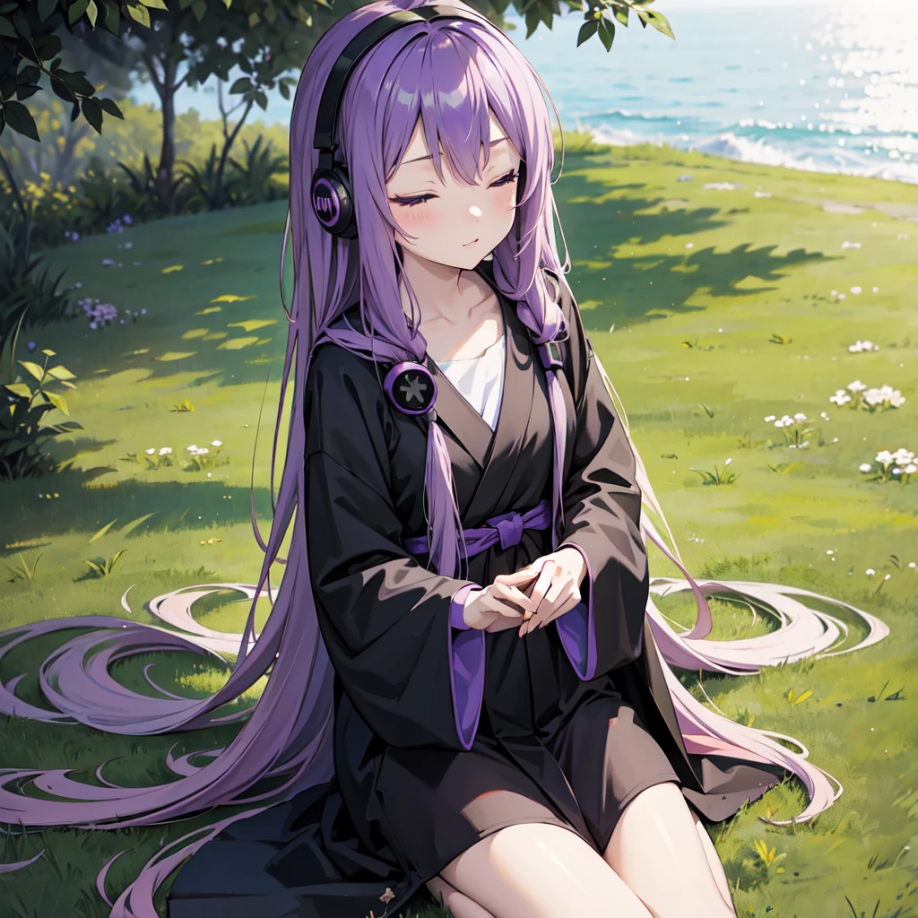 1 person. Anime girl with long purple hair and black robe. Pointy ears. Cute as in manga. Sitting on grass with eyes closed. Headphones.