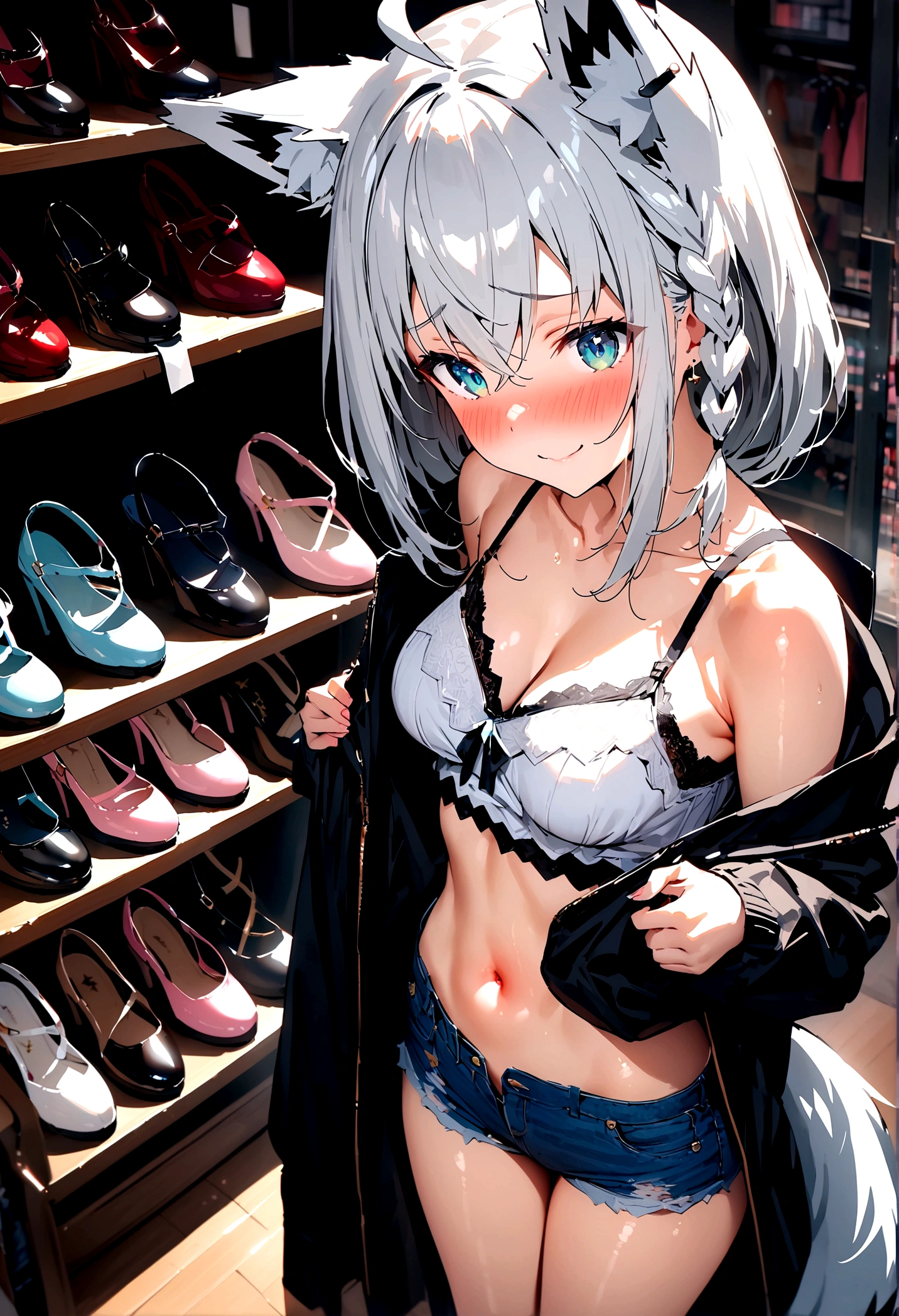 NSFW,masterpiece,Highest quality,High resolution,Super detailed,Shirakami Fubuki\(Hololive\),Gray Hair、One-sided braid、Ahoge、Earrings,Fox ears,Fox tail,Jacket,Crop top shirt,Denim shorts,Embarrassed,blush,Expecting face,Bewitching Smile,Shy smile,(Lingerie Shop),(Underwear section),High-end store,Cute pose,Date,(Seduce),From above,From the side