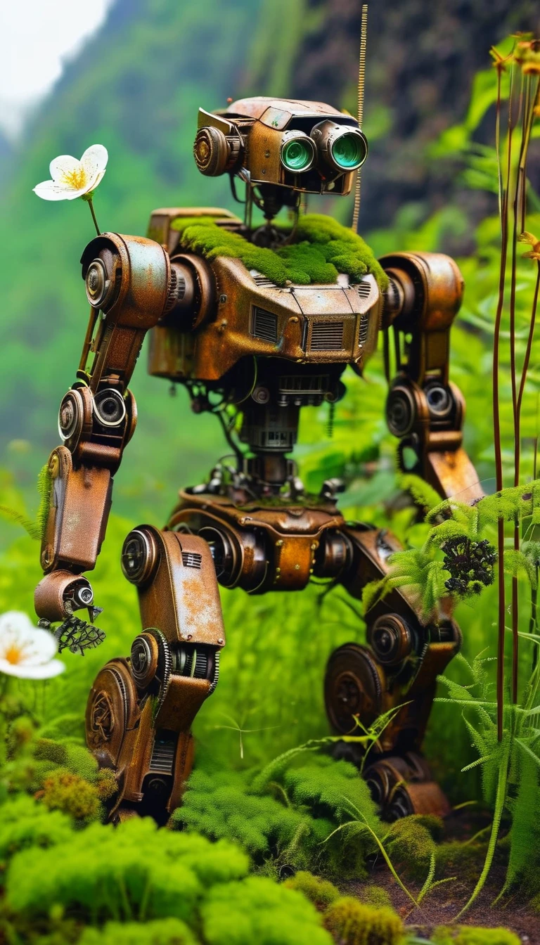 （best quality，masterpiece：1.2，detailed detailechanical robot in the corner，Broken mecha robot，Old，stale，long time ago，Rusty，moss，weeds，A small white flower