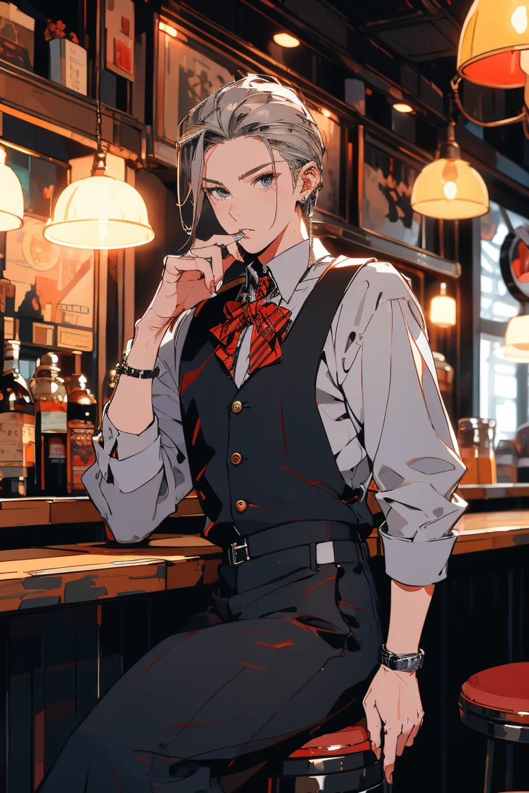 Highest quality, (8K, 16K, Awards, Highest quality, High resolution, Super Detail,  gender: Male Age group: Hairstyle and color for 60s: Gray Hair、Slicked back person pose: Drinking alcohol with a cigarette nearby: Serious gaze: Front Clothing and Decoration: Muscular butler composition: Scenes and situations in which you sit in a chair: A corner seat in a dimly lit bar