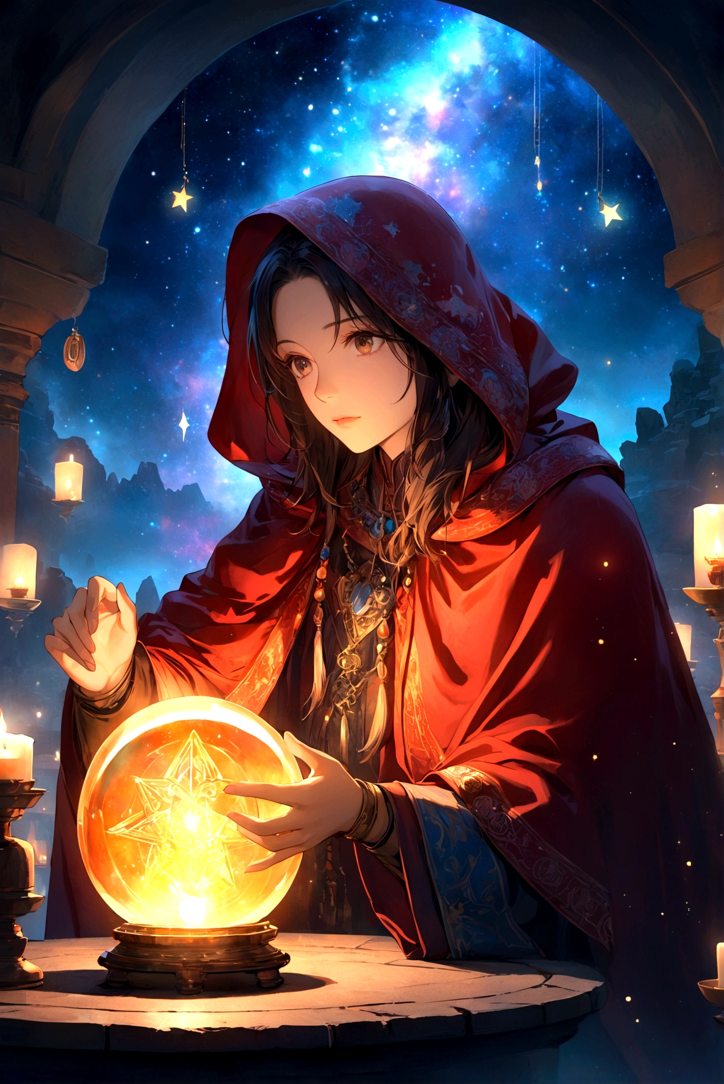Astrologer, mystery, ancient, Starry sky background, Hold a crystal ball, Staring into the distance, The cloak flutters, night, Candlelight, ancient书籍, Star motif, Magic Runes, mystery氛围, Detailed description, High quality details, Artistic effects