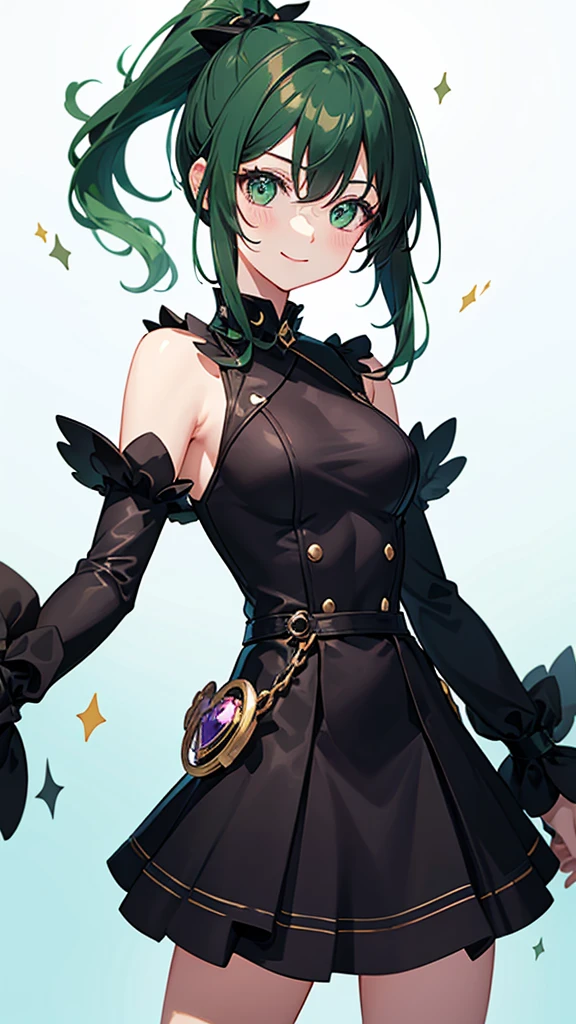 Magical girl　Black costume　Mini skirt dress　Green hair ponytail　smile　Great style　universe space