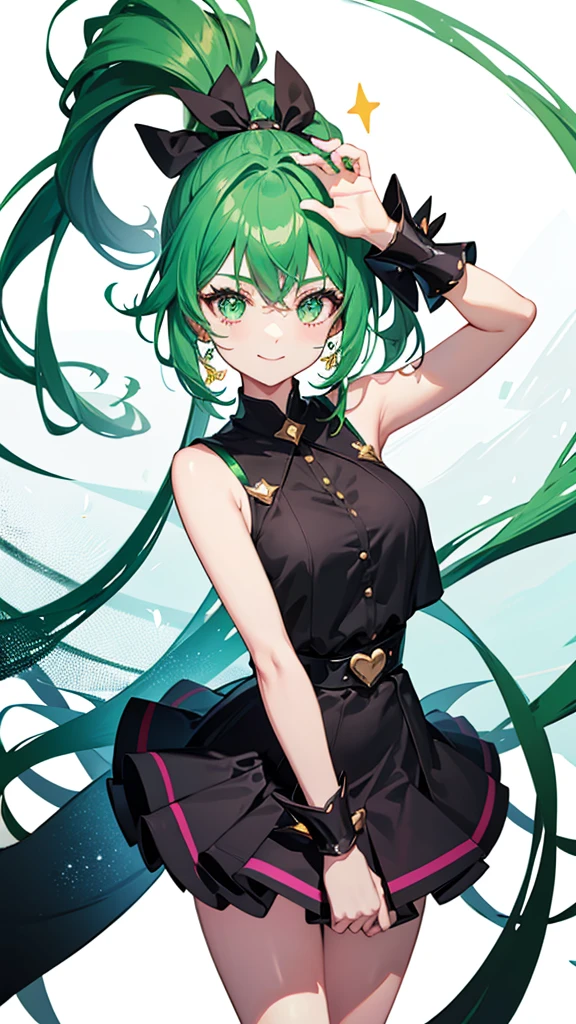 Magical girl Black costume Mini skirt dress Green hair ponytail smile Great style universe space