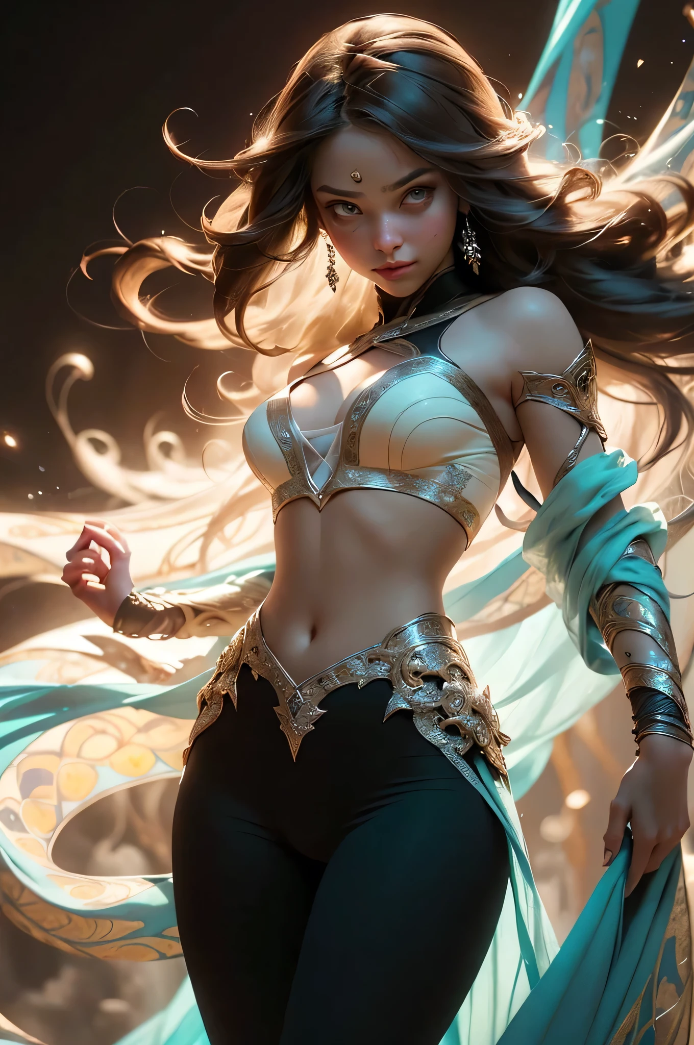 Full body shot, ((masterpiece))), (((best quality))), ((ultra-detailed)), (hyperrealistic), (highly detailed CG illustration), ((an extremely delicate and beautiful)), create a stunning anime artwork that is currently trending on ArtStation, showcasing exquisite beauty and captivating aesthetics.
The character in the artwork is a graceful and enchanting figure, young, radiating an aura of elegance. Pay close attention to intricate facial features, such as mesmerizing eyes with vibrant colors and delicate shading. Hair (((Light brown hair, long free flowing hair, floating in the air, wrapped around her))). sexy, seductive, lustful
The character's clothing should be designed with elaborate patterns, flowing see-through fabrics, and rich textures, reflecting a blend of fantasy and contemporary fashion. transparent clothing, bare chest, cleavage, bare stomach, bare shoulders. turquoise, black and white colour scheme. dramatic lighting, light particles. lens flare,
Place the character in a captivating ethereal environment that enhances the overall appeal of the artwork. a mystical realm filled with magical elements. Incorporate vibrant colors, dynamic lighting, and detailed background elements to create a sense of depth and immersion. action pose. growling face.
Consider the latest trends in anime art, such as incorporating unique lighting effects, exploring creative composition techniques, or experimenting with unconventional color palettes. A dragon circles behind her
Take inspiration from the top artists on ArtStation and their exceptional execution of various art styles and themes. Camera: Choose an angle that highlights the character's beauty and the immersive environment. Lighting: Utilize atmospheric lighting techniques to create depth and mood. Resolution: Aim for a high-resolution artwork to showcase intricate details and clarity. Art Inspirations: Seek inspiration from the trending artists on ArtStation, exploring different styles, genres, and themes.