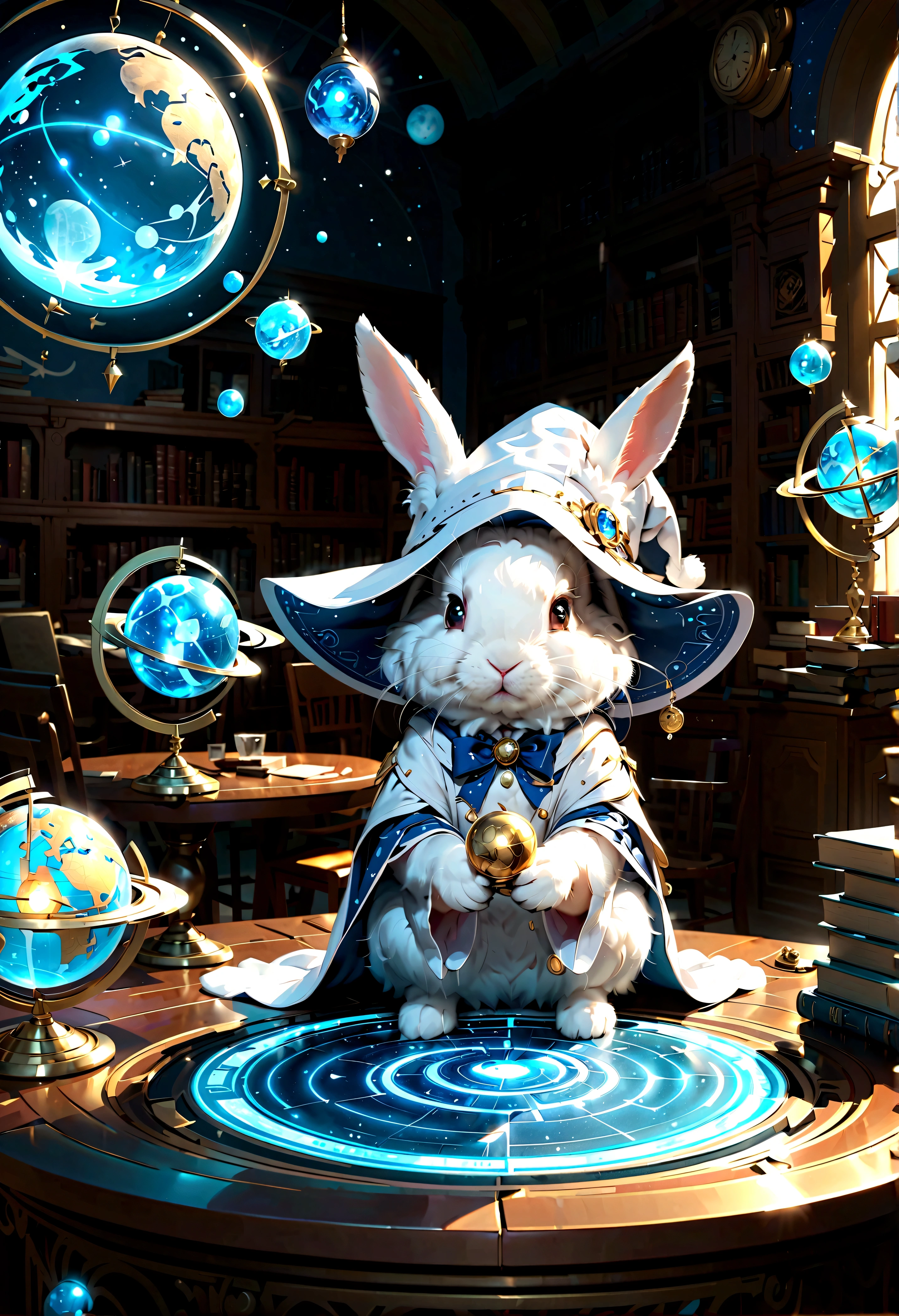 an ultra detailed wise white rabbit wizard astrologer teller wearing a sparkly light-blue sequin wizard hat, adorable fluffy white rabbit seated on a table gripping and gazing into a glowing floating planetary map looking into the the floating translucent holographic planets to tell a fortune. surrounded by astrological library, celestial decor, misty, intricate and detailed, golden hour, 8K, ultra-detailed, sharp focus