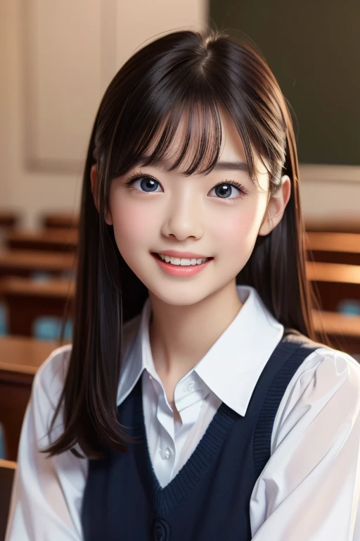 (In 8K、Highest quality、masterpiece:1.2)、(Realistic、Photorealistic:1.37)、Ultra-detailed、1 Girl、cute、alone、classroom、night、(Laughter:1.15)、huge 、Beautiful and beautiful eyes、(Collared shirt:1.1)、Float NovaFrogStyle、adult、Amorous、Gloss、Kamimei、She looks