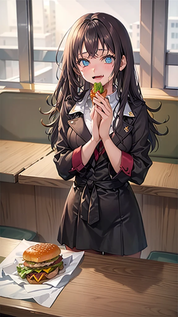 1 beauty,17-year-old high school girl, Watery Big Eyes,(Happy smile),long eyelasher, Blushlush,Black Perm Hair,At a table in a fast food restaurant, (Close your eyes, Smile and open your mouth wide), ((Gnawing on a grabbed hamburger with both hands)),(Eat cleanly)