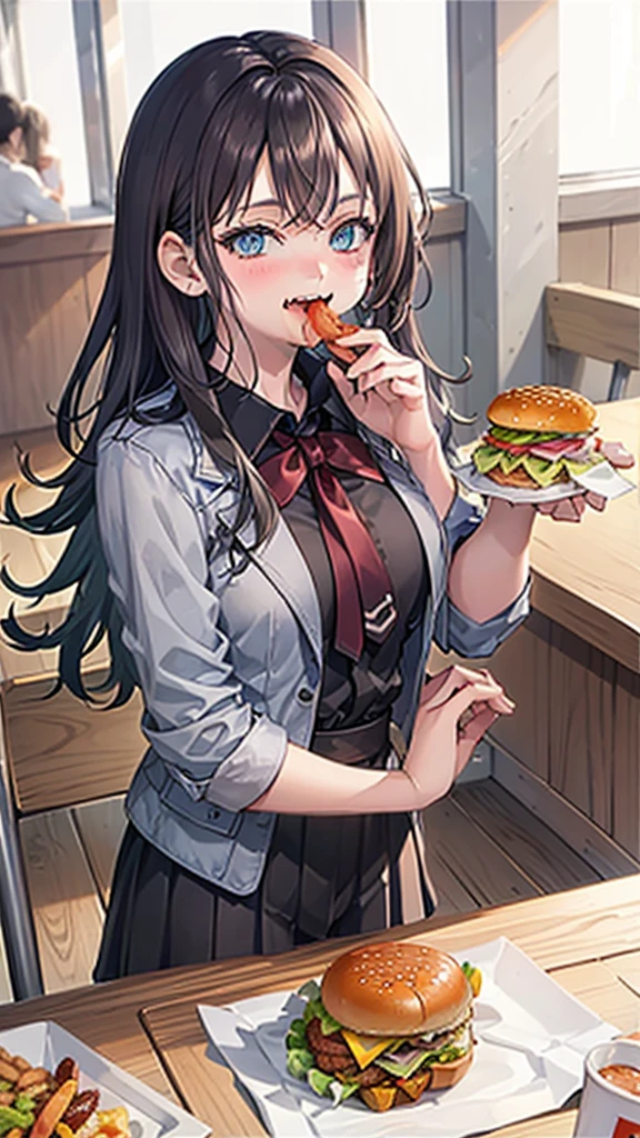 1 beauty,-yeld hischool girl, Watery Big Eyes,(Happy smile),long eyelasher, Blushlush,Black Perm Hair,At a table in a fast food restaurant, (Close your eyes, Smile and open your mouth wide), ((Gnawing on a grabbed hamburger with both hands)),(Eat cleanly)