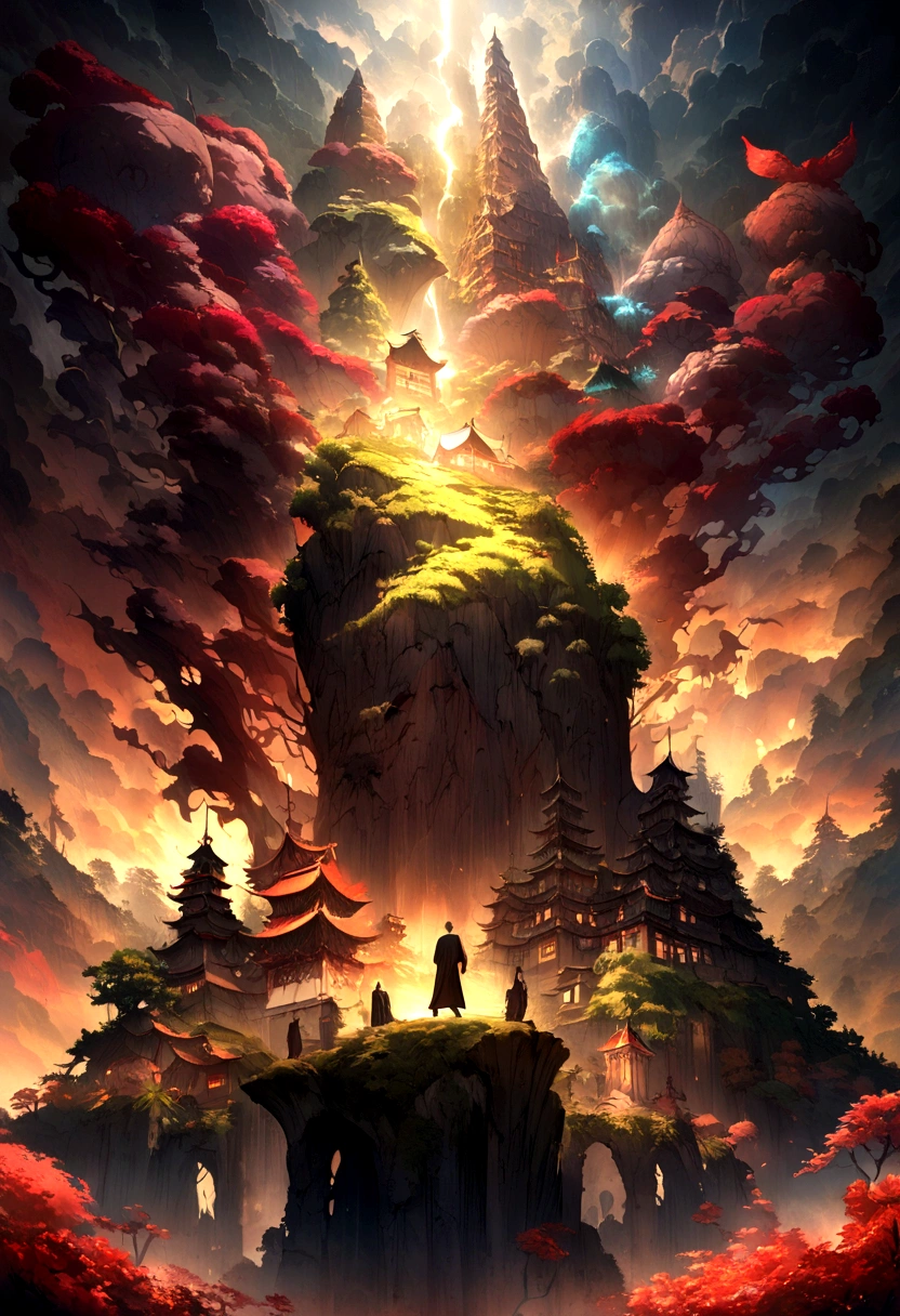 China，Vast forest，Old village，Three old men，High Detail, Composition, Dramatic light, , Surrealism
