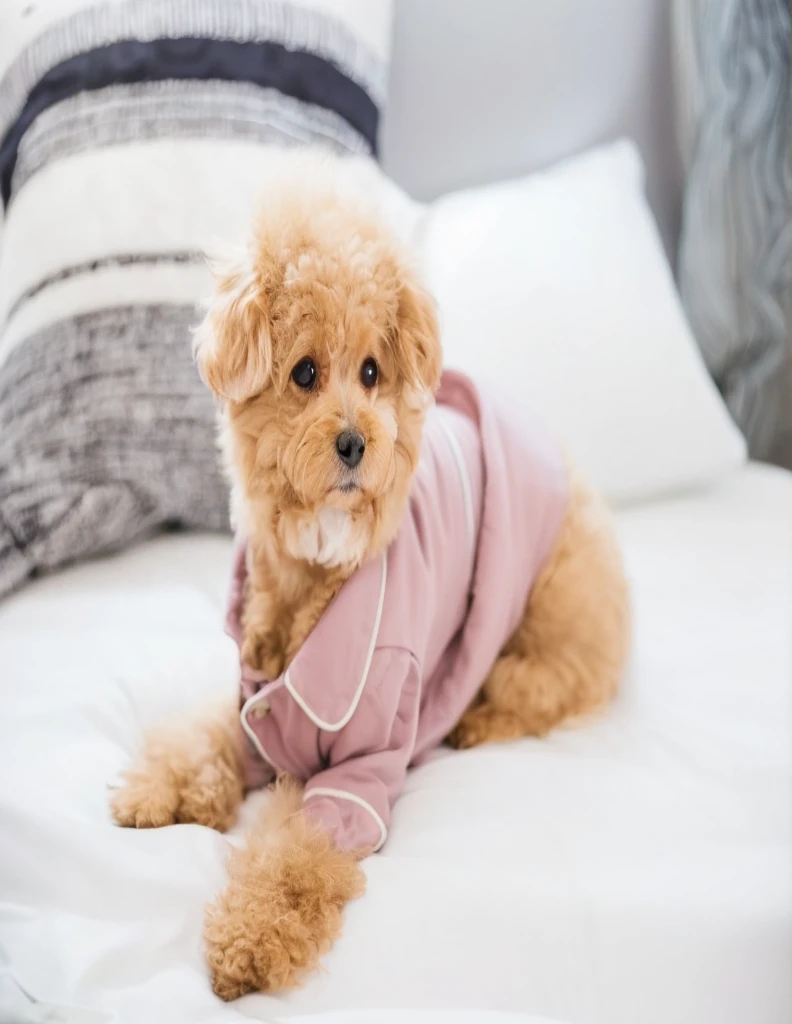 there is a Small dogs that is laying on a bed, Wearing pajamas, Cute dog, puppy, Sitting on the bed, Sitting on the bed, kawaii Cute dog, Sitting on the bed, Cute Woman, subtle details, ah, Bella, wake up, Pink clothes, Small dogs, Designed for comfortable beauty!, Dog in a space suit