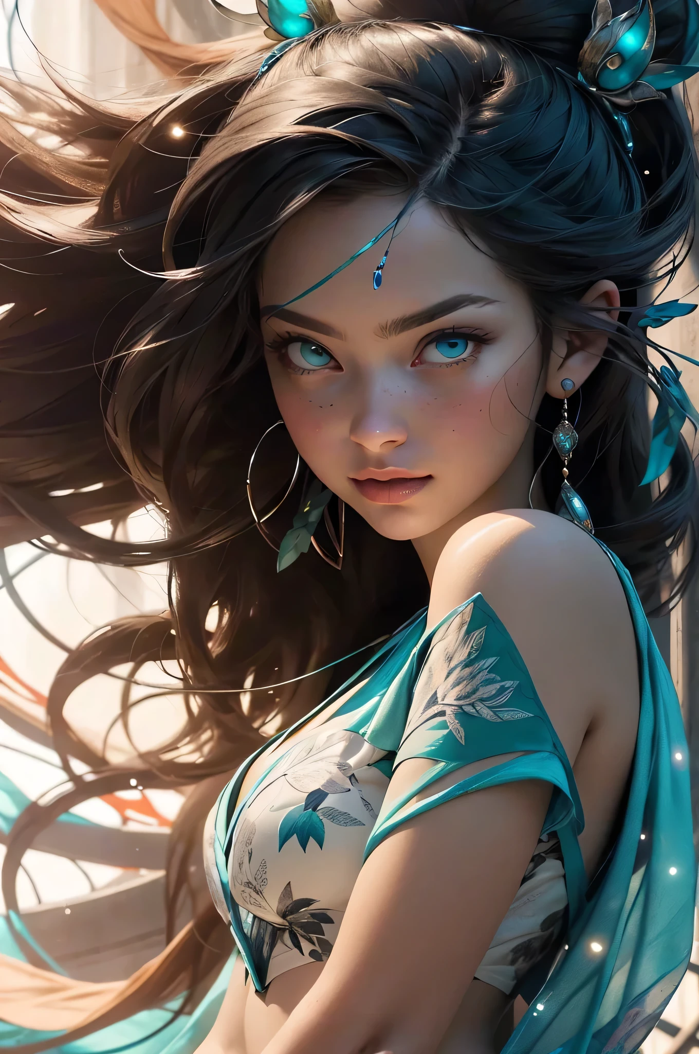 Full body shot, ((masterpiece))), (((best quality))), ((ultra-detailed)), (hyperrealistic), (highly detailed CG illustration), ((an extremely delicate and beautiful)), create a stunning anime artwork that is currently trending on ArtStation, showcasing exquisite beauty and captivating aesthetics. 
The character in the artwork is a graceful and enchanting figure, young, radiating an aura of elegance. Pay close attention to intricate facial features, such as mesmerizing eyes with vibrant colors and delicate shading.  Hair (((Light brown hair, long free flowing hair, floating in the air, wrapped around her))). sexy, seductive,glowing sword in hand, fighting pose.
The character's clothing should be designed with elaborate patterns, flowing see-through fabrics, and rich textures, reflecting a blend of fantasy and contemporary fashion.  transparent clothing, bare chest, cleavage, bare stomach, bare shoulders. turquoise, black and white colour scheme. dramatic lighting, light particles. lens flare,
Captivating ethereal environment that enhances the overall appeal of the artwork.  a mystical realm filled with magical elements. Incorporate vibrant colors, dynamic lighting, and detailed background elements to create a sense of depth and immersion. action pose. growling face.
Consider the latest trends in anime art, such as incorporating unique lighting effects, exploring creative composition techniques, or experimenting with unconventional color palettes. A dragon circles behind her
Take inspiration from the top artists on ArtStation and their exceptional execution of various art styles and themes. Camera: Choose an angle that highlights the character's beauty and the immersive environment. Lighting: Utilize atmospheric lighting techniques to create depth and mood. Resolution: Aim for a high-resolution artwork to showcase intricate details and clarity. Art Inspirations: Seek inspiration from the trending artists on ArtStation, exploring different styles, genres, and themes.