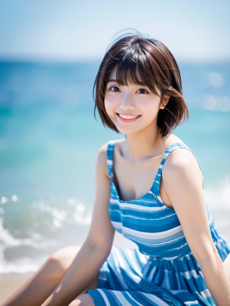 Image quality:best quality
Camera Focus: blur background
light:Side light
composition:Composition of thirds、Sideways orientation and eye view of the camera
person:20 years old woman,Japanese,actress
pose:sitting、chestup background: Ocean、Beach hairstyle: Short Bob、With bangs
Dress:casual
facial expression: happy