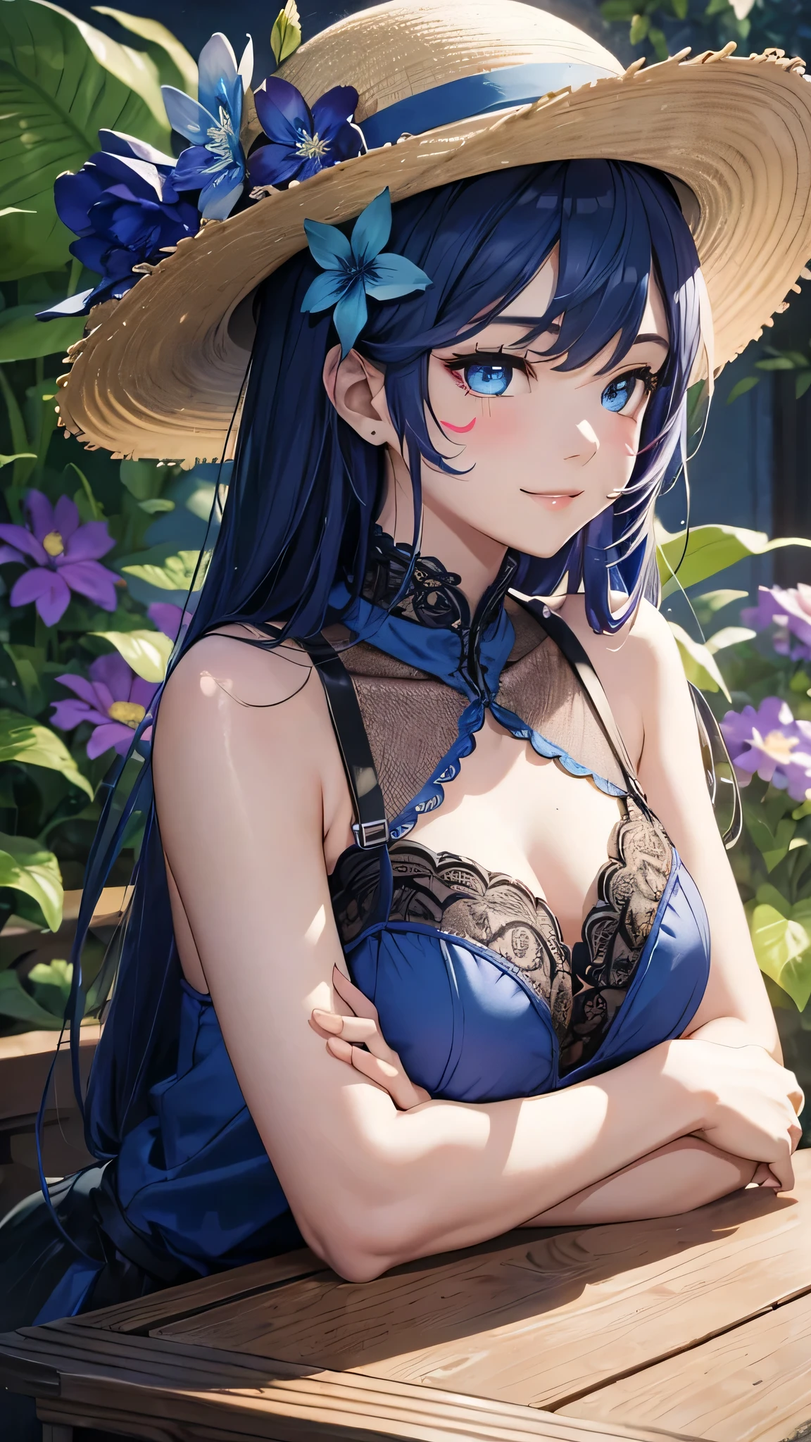 ((Black hair))), long hair, (((blue eyes))),(((forehead))) sexy, large breasts, beautiful body, masterpiece, smile, (((yellow rose print lingerie))),sexy lingerie, hotel swimming pool,busty, buxom, curvy, voluptuous,Sexual Intercourse,