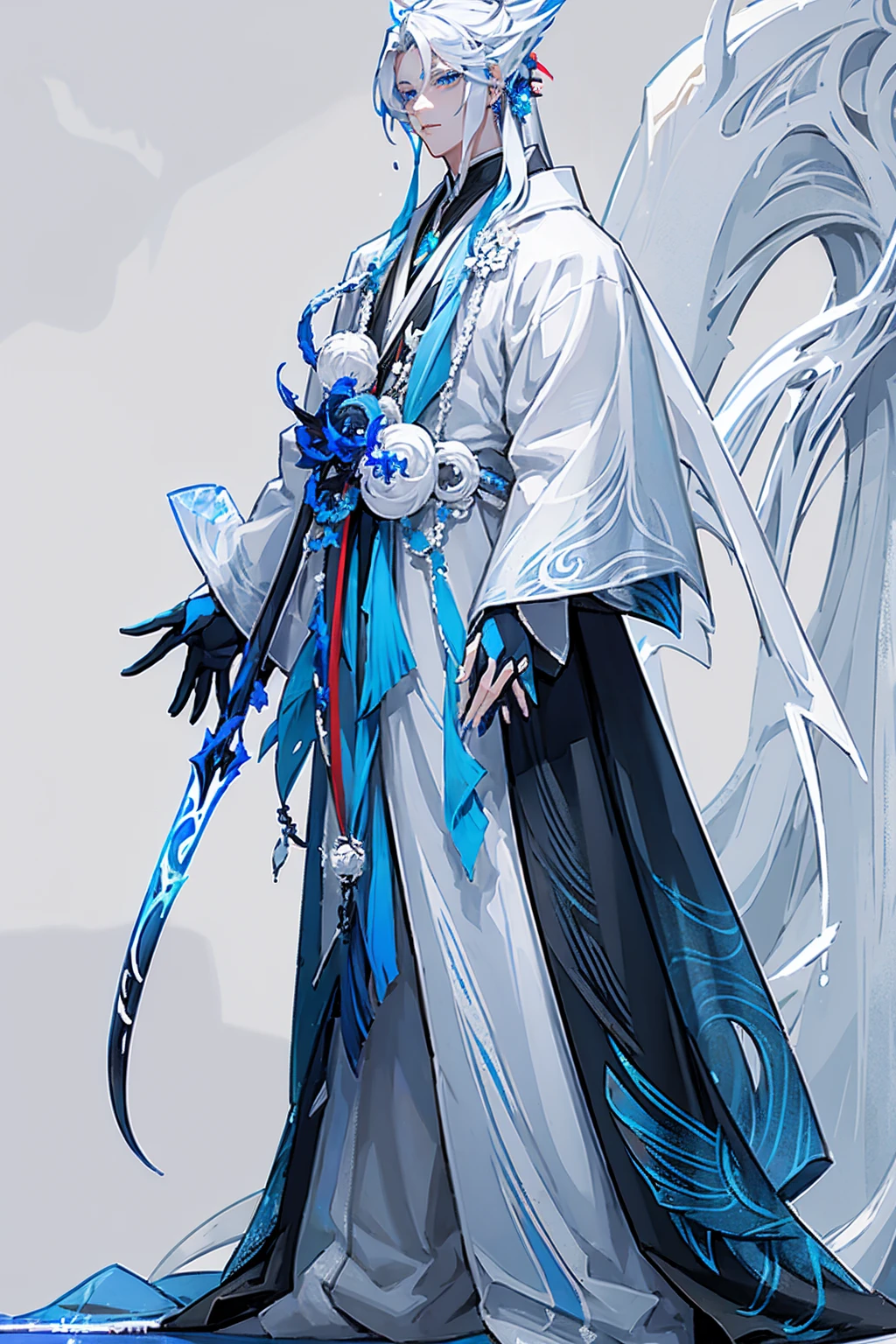 1 boy，Full body standing painting，beautidful eyes, White hair、eBlue eyes、Anime character in blue cloak, Gorgeous costumes, heise jinyao, Silas, onmyoji detailed art, onmyoji portrait, Official splash art, Splash ink art