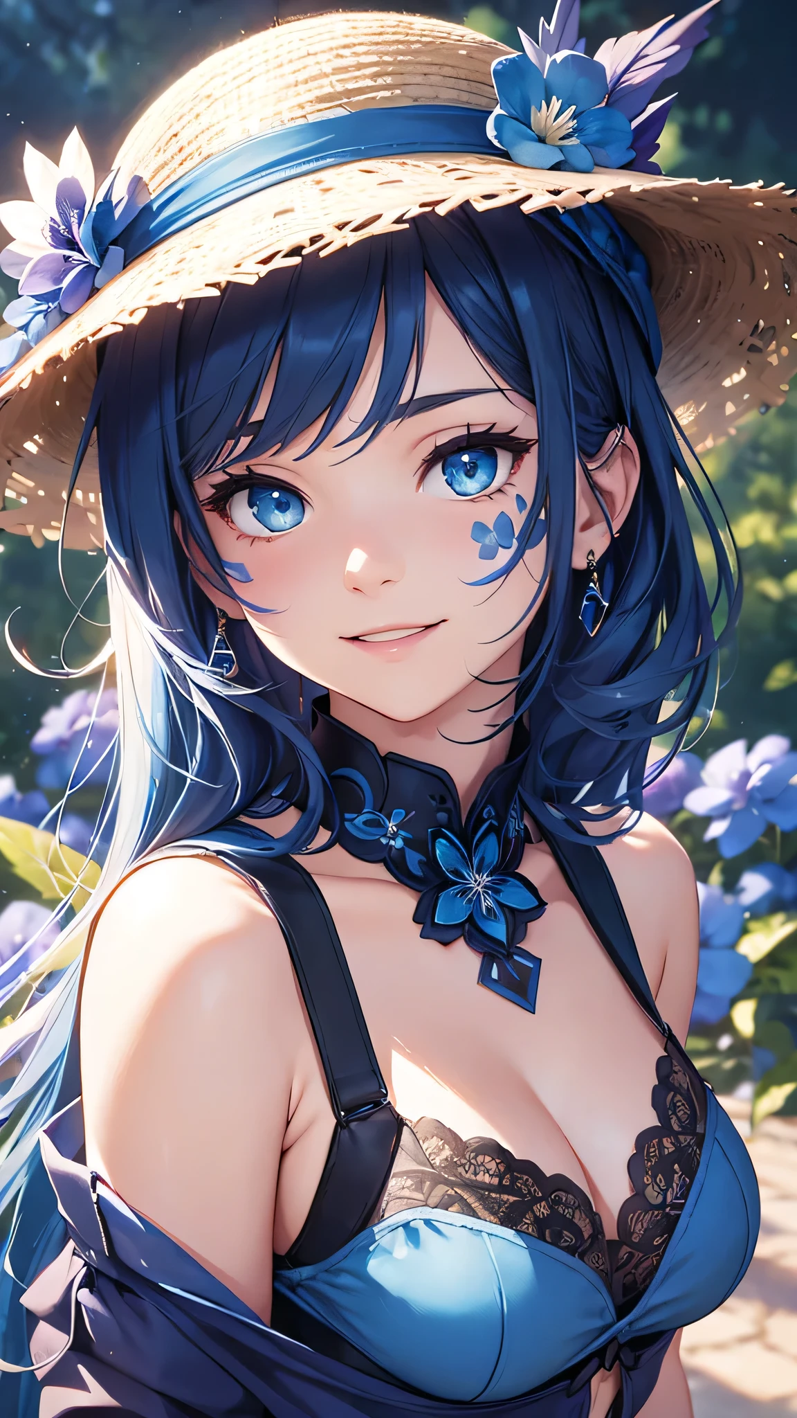 最high quality、Best image quality、masterpiece、With a girl((cute、、Best Bust、Medium Bust、Bust 85,Beautiful Blue Eyes、Spread your chest wide,Black Hair、Slender、The best valley、、Blue sleeveless shirt、White shorts,Show the whole body、Blue Mesh,Leaning forward greatly、Blue hat、Blue flower hair ornament,Face Paint,smile))high quality、Beautiful art、background((summertime)),Tabletop、Exquisite design、Visual Arts、Depth of written boundary、Best lighting、Highest detail、8k