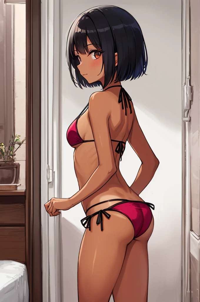 1girl,yo,tanned body,short hair,my room,bikini,looking viewer,,handsome,from side,ass,standing,bob hair