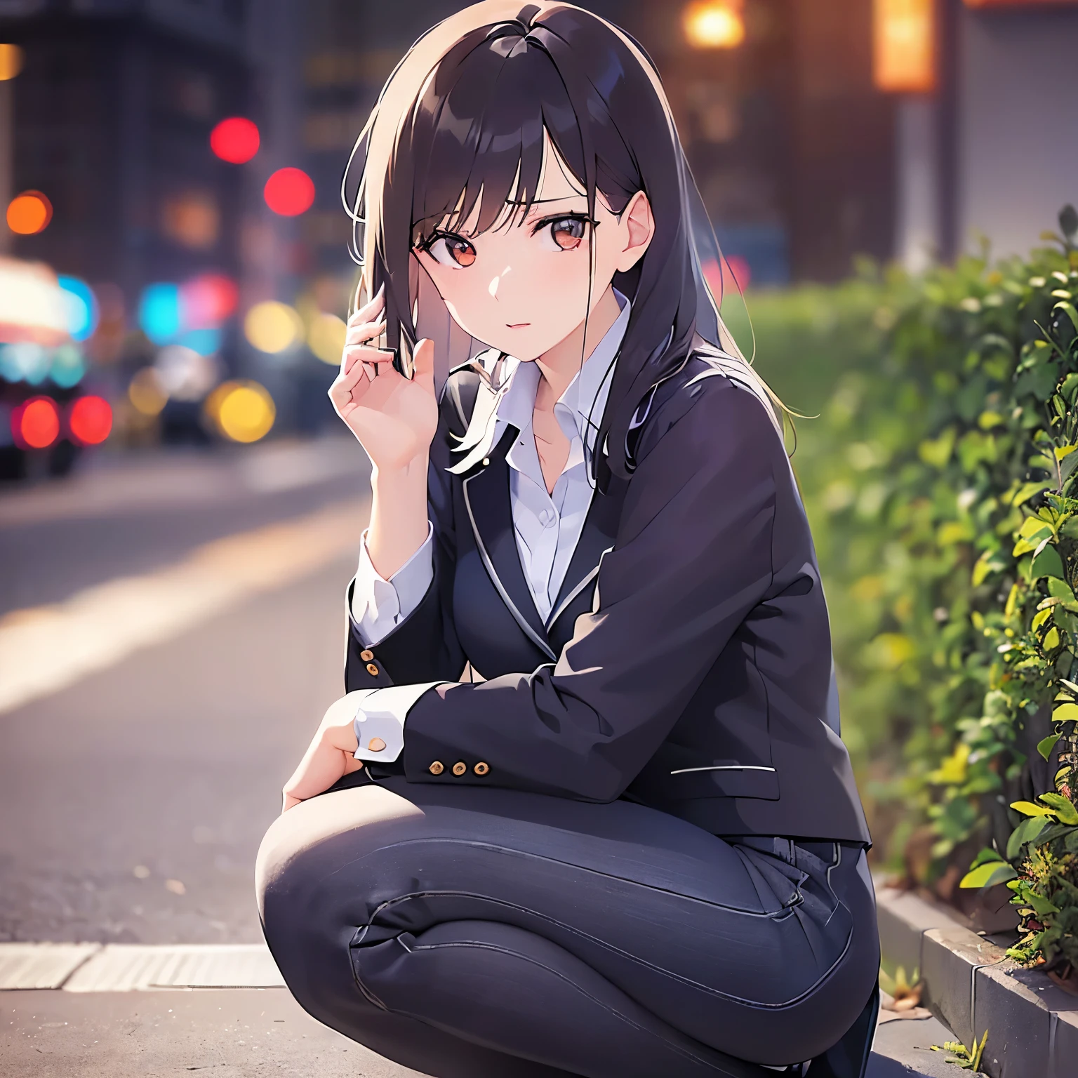 (looking away:1.5),full Body, Realistic, real person, (pale skin: 1.2), RAW photo, photorealistic, shiny skin, shiny hair、 (A 25-year-old woman with bob hair and bangs) and (wavy hair) and (brown hair) and (Orange Eyes)、(business suit:1.5)and (Wearing a white collared shirt)、 ,wiping tears,crouching、(Background is a park at night:1.5)