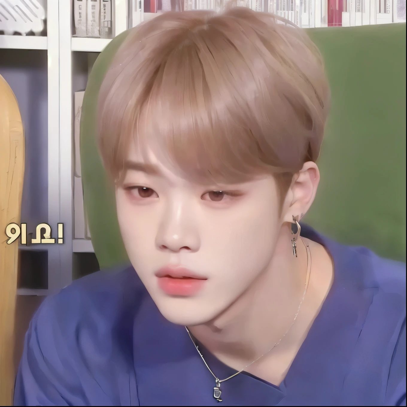 a close up of a person sitting on a chair with a necklace on, accurate Jimin face, Jimin\the full lips, Jimin\the Greek nose, Jimin, Jimin\the right eyelid is swollen, park Jimin, Kim Doyoung, jung jaehyun, he has an elongated head shape, drainage gang bladee, adorable and pale korean face