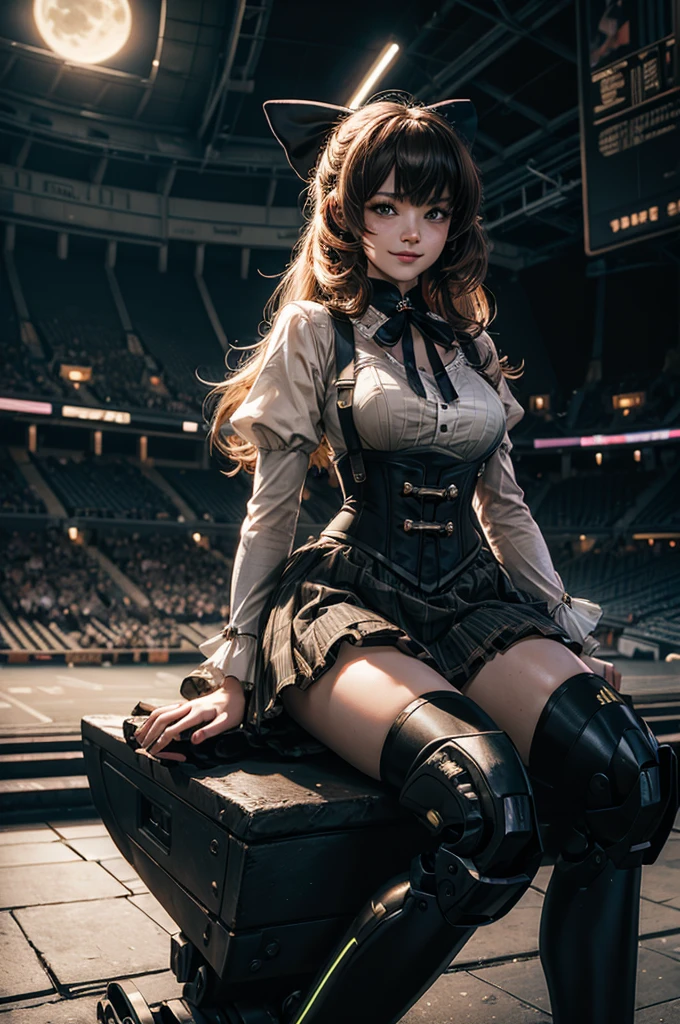 cowboy shot, (dynamic pose), smile,  underbust, Penny Polendina, long hair, neck ribbon, suspender skirt, corset, black bow, white blouse, mechanical legs, neon trim, sitting, in sport stadium, spectators, crowd, BREAK night, stars, moon, snow, BREAK  (volumetric lighting), intricate details, tonemapping, sharp focus, hyper detailed

