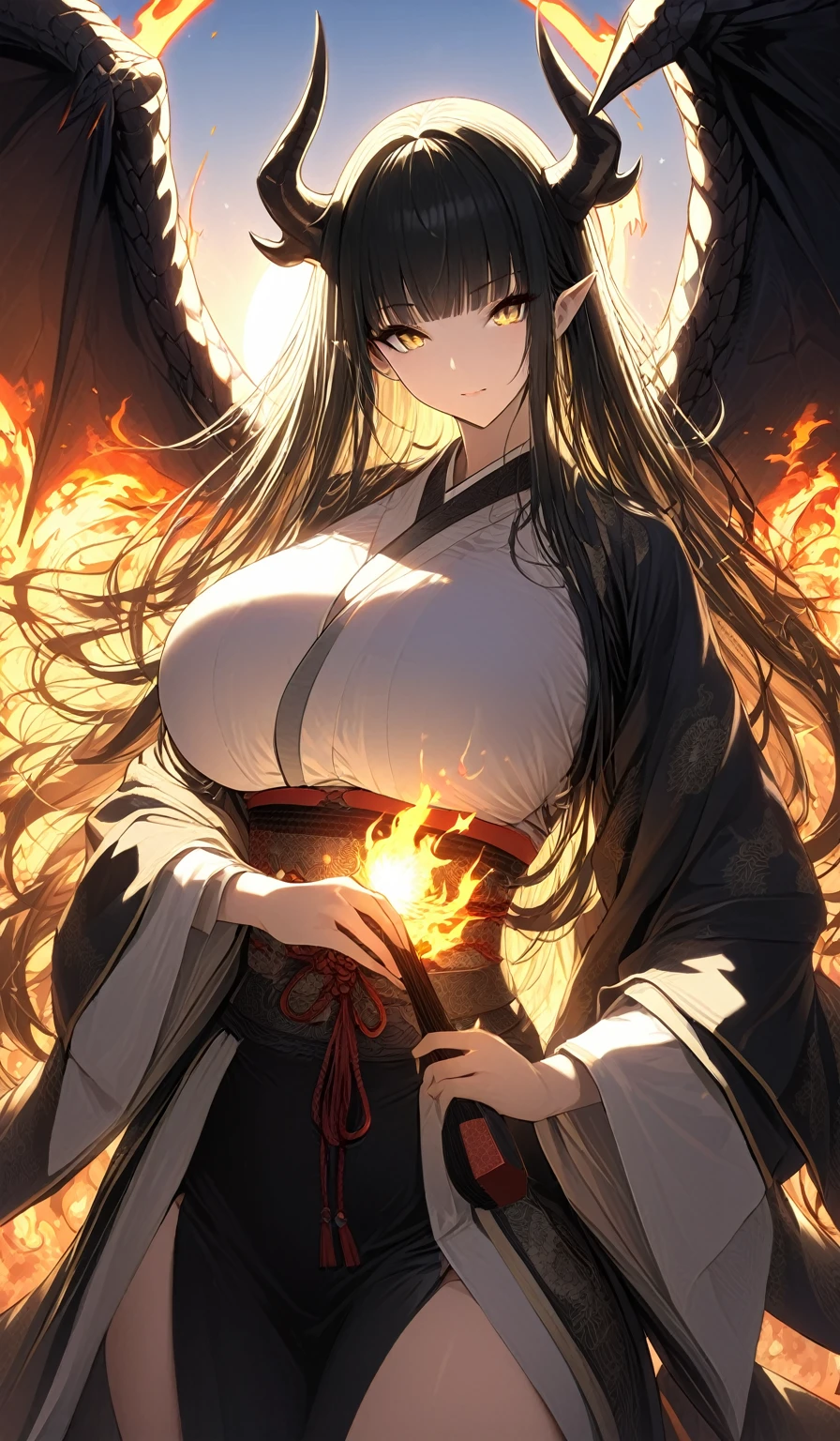 Masterpiece, very detailed, ultra detailed, one, (1 woman), Photo of a woman in a short Japan yukate with gold detal and black stockings, with a black katana in her hands an aura of kill, with black eyes, long black straight hair and straight bangs, with huge breasts, she with black demonic horns and black dragon wings, around her an aura of kill