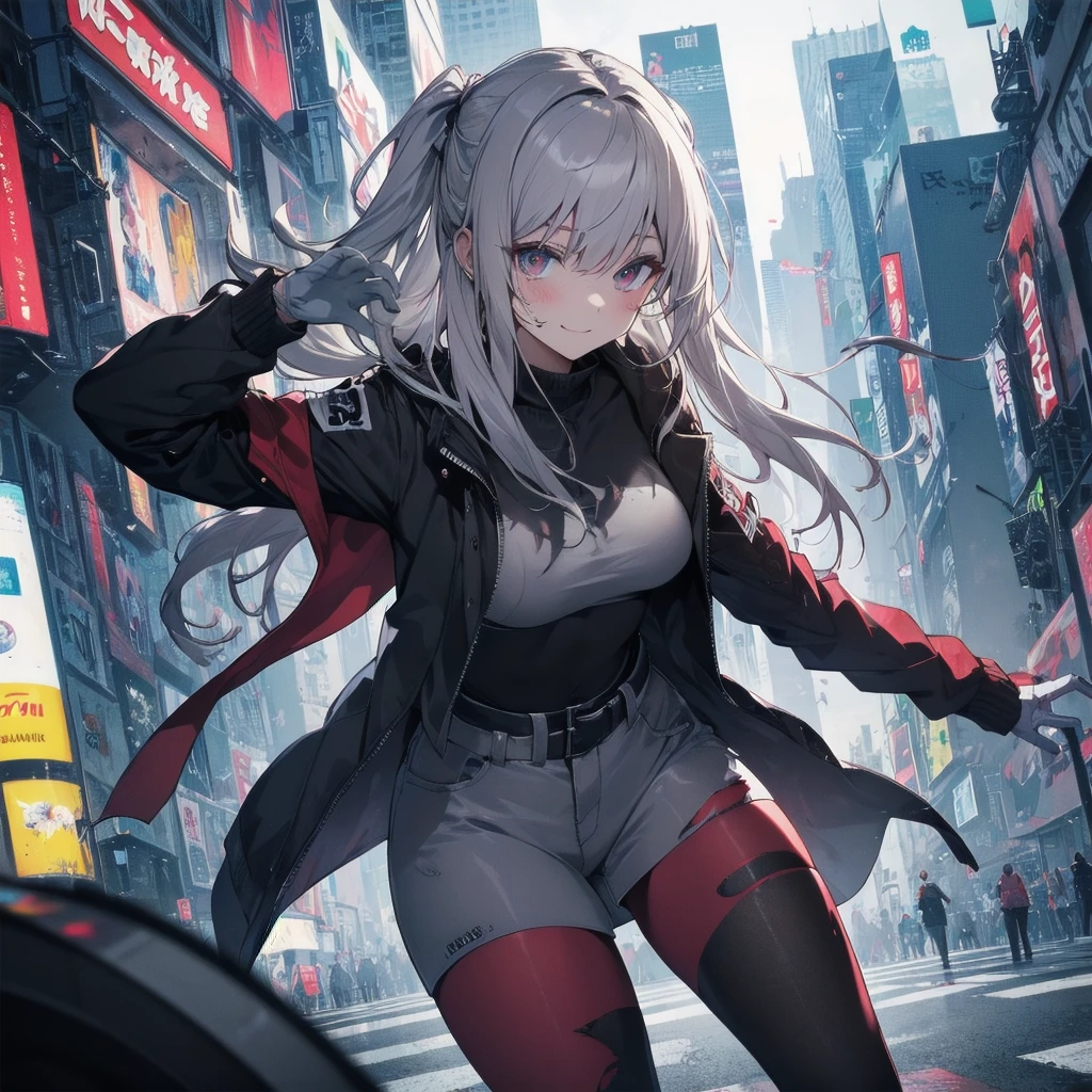 Outlook, Cute Smile, Strange Perspective, White sweater,( change)Moderate, Separate Color,bs shoulder, Blushed,(Gray Hair), White Gloves,White boots,dirty,Torn clothes,Clothing that shows blood:1.3),, Tearing the cloak, tear pantyhose ,Cyberpunk Streetwear,in contrast,Cyberpunk Character Fashion,Wear high fashion clothes, , Bring your poster to life、impressive,Full Wear, Stylish,
