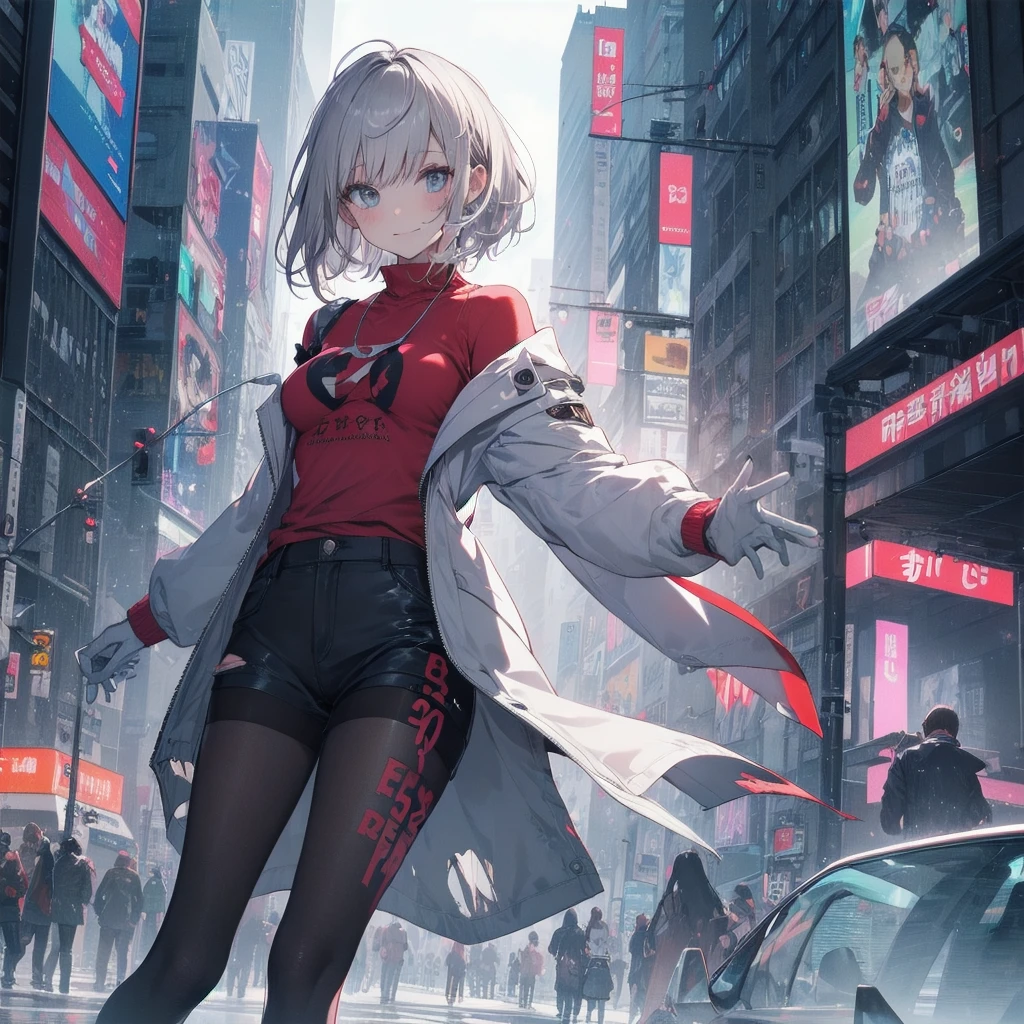 Outlook, Cute Smile, Strange Perspective, White sweater,( change)Moderate, Separate Color,bs shoulder, Blushed,(Gray Hair), White Gloves,White boots,dirty,Torn clothes,Clothing that shows blood:1.3),, Tearing the cloak, tear pantyhose ,Cyberpunk Streetwear,in contrast,Cyberpunk Character Fashion,Wear high fashion clothes, , Bring your poster to life、impressive,Full Wear, Stylish,