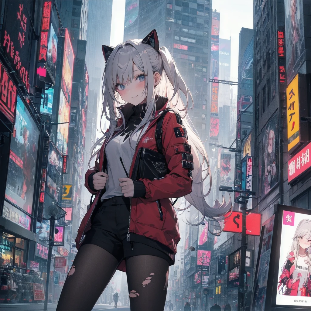 Outlook, Cute Smile, Strange Perspective, White sweater,( change)Moderate, Separate Color,bs shoulder, Blushed,(Gray Hair), White Gloves,White boots,dirty,Torn clothes,Clothing that shows blood:1.3),, Tearing the cloak, tear pantyhose ,Cyberpunk Streetwear,in contrast,Cyberpunk Character Fashion,Wear high fashion clothes, , Bring your poster to life、impressive,Full Wear, Stylish,