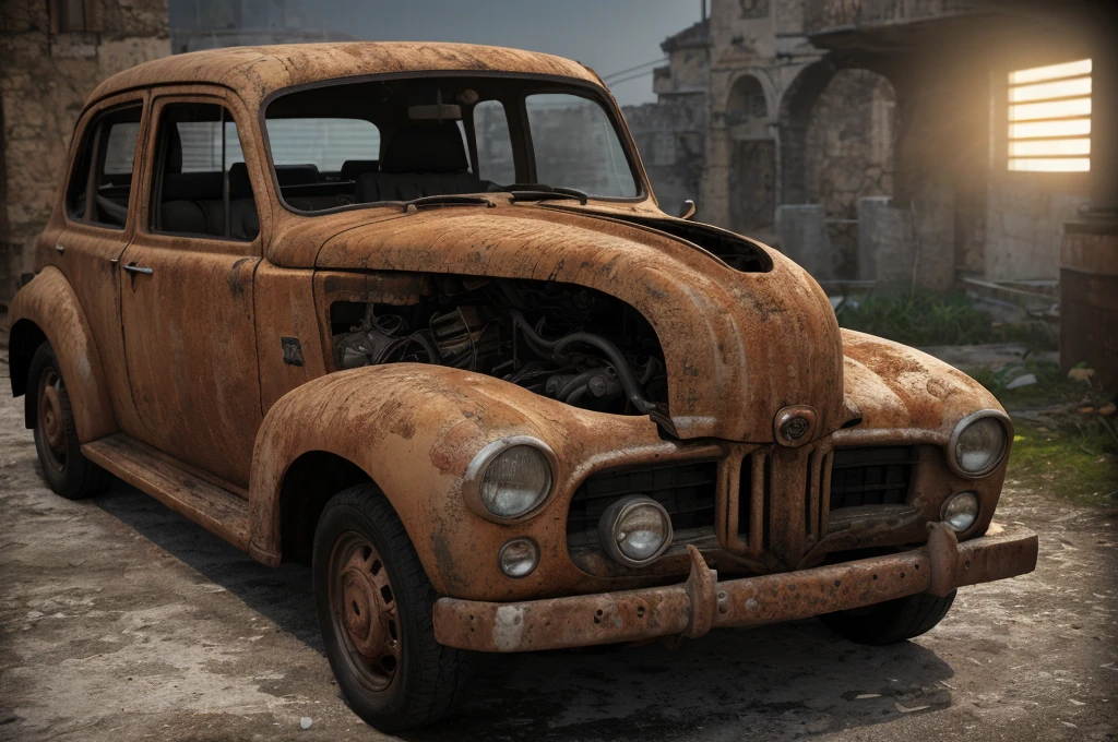 Car scrapped and rusted, (scrapped and rusted car in the sassi_di_matera:1.3), [The car (complete) is surrounded by mist, evoking a mysterious and eerie atmosphere. The lighting is dark and atmospheric, with a red smoke adding a touch of sinister ambiance. Best quality image, with a resolution of 4k and HDR enhancement, showcasing the utmost level of detail and realism, full body shot:1.5].

[8K, Best Quality, Masterpiece, Ultra High Resolution, (highly detailed CG unity 8k wallpaper), (best photo), (best shadows), isometric 3D, octane rendering, ray tracing, highly detailed, (Best quality, 4K, 8k, A high resolution, masterpiece:1.2), absurdity, ultra detailed, (realistic, photorealistic, photorealistic:1.37), complex parts, HDR, (complex parts:1.12), (hyper detailed, hyper realistic, Soft lighting, spicy:1.2), (complex parts, Hyper detailed:1.15). Blurred foreground. (backlit), masterpiece, high quality, brightness, chromatic aberration, 8k uhd, foggy smoke, shadows, contrast, clear sky, (warm hue, warm tone), high details, natural reflections]. 