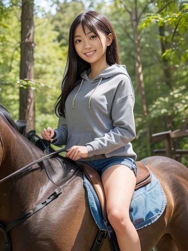 Japanese female, a lot of details, (underweight), 30 years old, detailed black hair, beautiful detailed hair, super fucking beautiful, delicate beautiful face, complex details beautiful and delicate eyes, perfect hands, (flat chest best quality:1.5), perfect and delicate limbs, detailed skin, best quality, ultra-detailed,(cheerful grin:1.5),
farmstead, (riding horse:1.2),(running on a horse:1.2), messy hair, jeans, (gray hoodie), in the forest, (extreme long shot:1.3), low angle shot