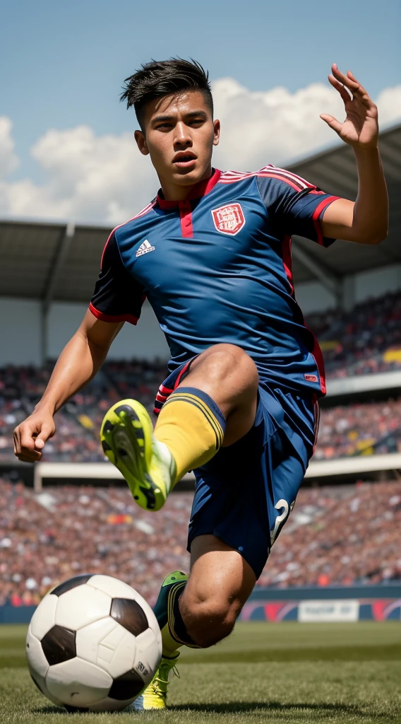 on the field, a young man of Peruvian appearance kicks a soccer ball, Play Soccer, dynamic action SHOT, in a fighting pose, sports photography, Mid-air shot, dramatic action SHOT, wearing a school soccer uniform, trending on the dribble, trendy dribbling, wide angle dynamic action SHOT, action SHOT, photoshoot, sports photography,