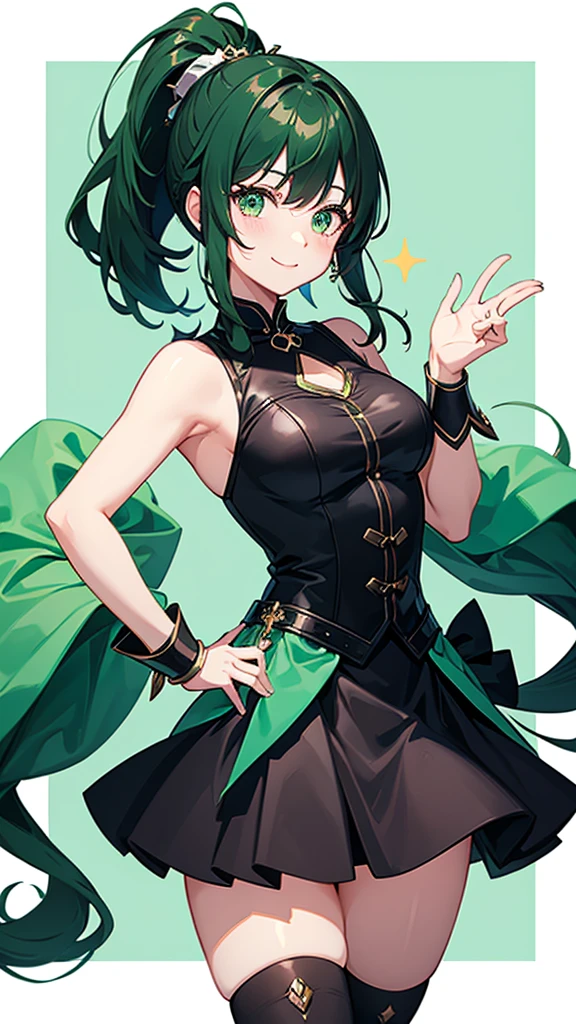 Magical girl Black costume Mini skirt dress Green hair ponytail smile Great style universe space