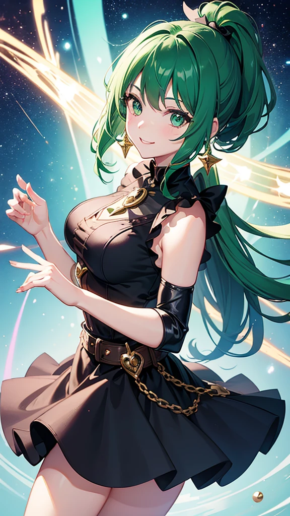Top quality, high resolution, perfect human structure, background focus, front view, shiny hair, cat ears, green hair, witch cosplay, devil, dancing stars, multicolored hair, laughing happily, star-shaped pupils , wavy hair