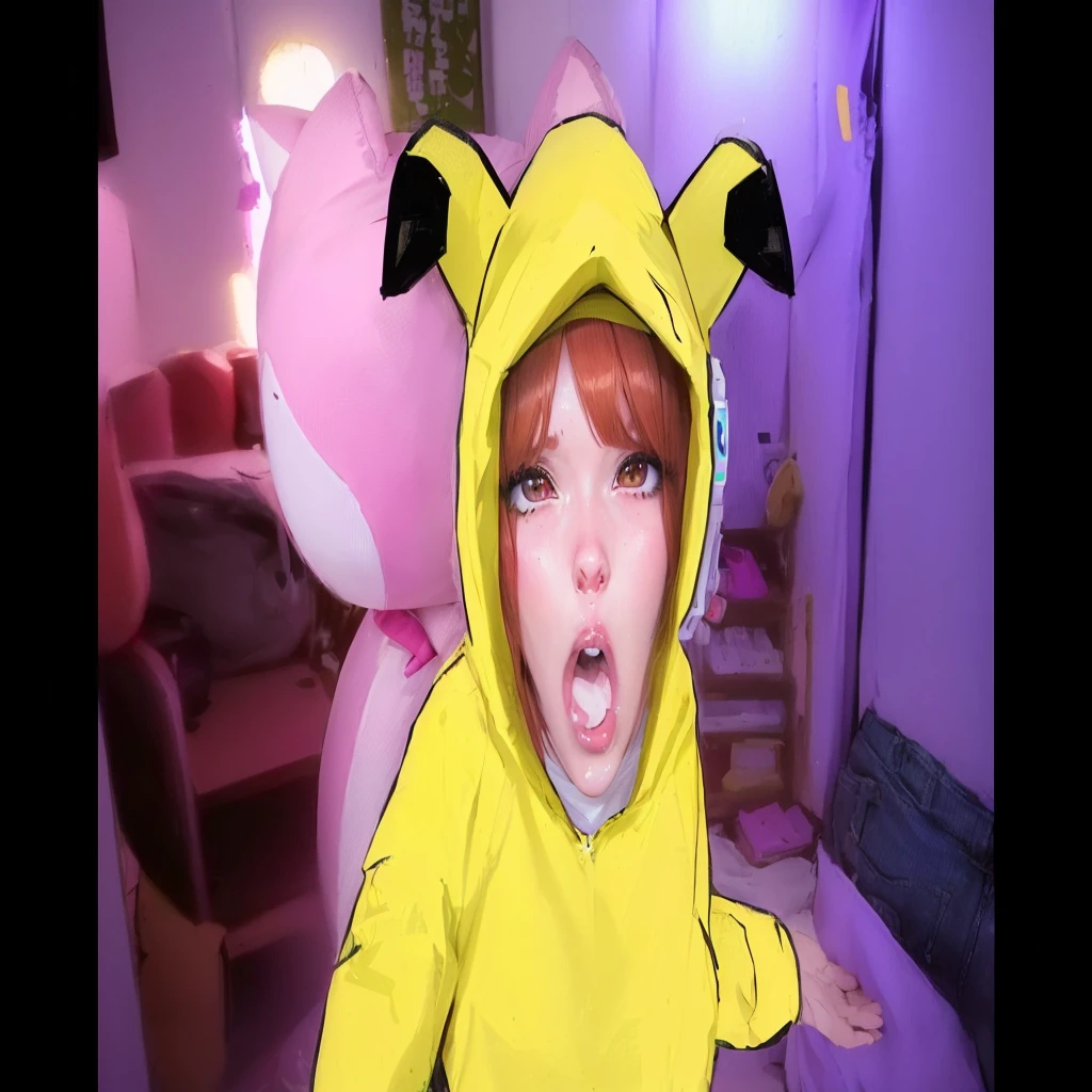 there is a cartoon picture of a in a pikachu costume, real life pikachu, kemonomimi, pikachu on acid, pikachu as a human, rin, surprised pikachu, sonichu, pikachu, けもの, pixiv 3dcg, at pixiv, popular on pixiv, top rated on pixiv, sakimichan, woman, big lips, huge breasts, moletom, fantasia, sentada na cadeira, cadeira gamer, bem ilumjnado, redhead girl, open mouth, boca cheia de sêmen, cum in mouth, labios grossos, lipstick, gesture. Realista, highres, hyper realismo, thicc, (open mouth:1.2)., brilho, facing camera