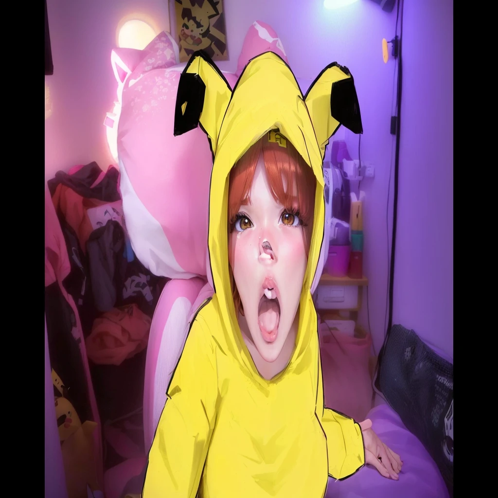 there is a cartoon picture of a in a pikachu costume, real life pikachu, kemonomimi, pikachu on acid, pikachu as a human, rin, surprised pikachu, sonichu, pikachu, けもの, pixiv 3dcg, at pixiv, popular on pixiv, top rated on pixiv, sakimichan, woman, big lips, huge breasts, moletom, fantasia, sentada na cadeira, cadeira gamer, bem ilumjnado, redhead girl, open mouth, boca cheia de sêmen, cum in mouth, labios grossos, lipstick, gesture. Realista, highres, hyper realismo, thicc, (open mouth:1.2)., brilho, facing camera