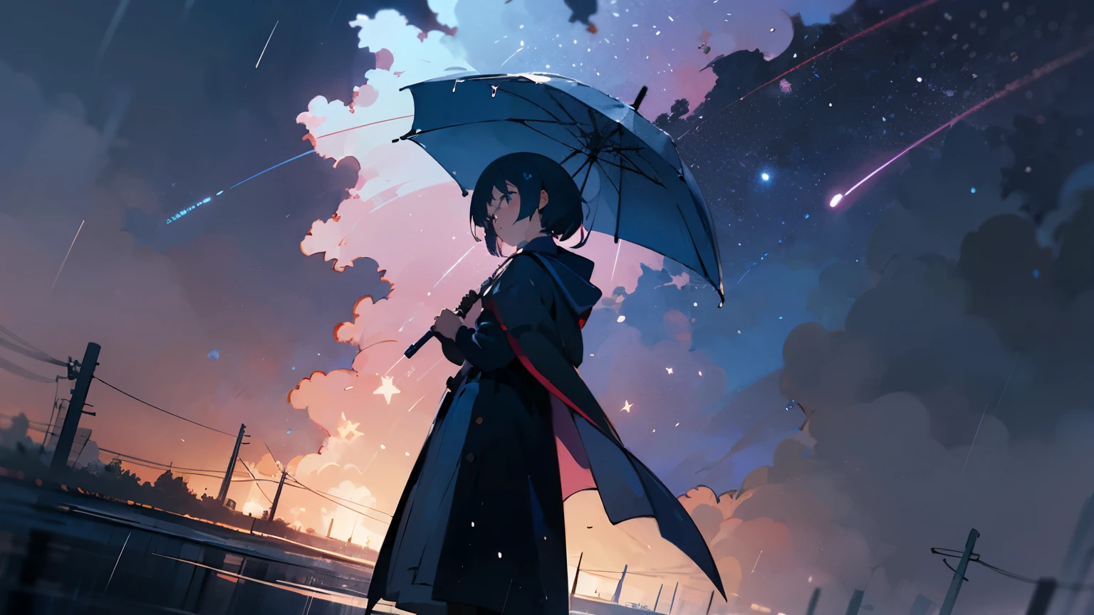 ((Best quality)), ((masterpiece)), (detailed), Anime, young woman, Anime night sky, stars, full length, poor lighting, neon light, rain, night sky, stars