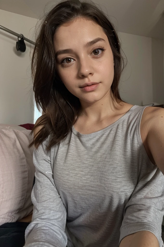 1 Girl, SELFIE recostada en su cama, vestida con pijama, 21 years old, Brown hair , Short hair reaching shoulders, Gray eyes