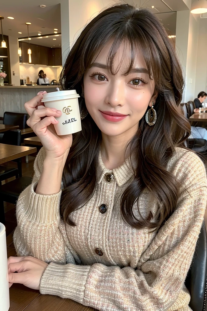 ((Highest quality)), ((masterpiece)), (detailed), Perfect Face, Modern cafe girl, Tweed pink Chanel outfit, yperdetailed face、A detailed eye、Double eyelids Concrete pouring Korean Style Wavy Hair a smile,  Elegantly at the cafe、Coffee on the table, NO BAG, There is a big coffee cup on the table, Chanel Earrings