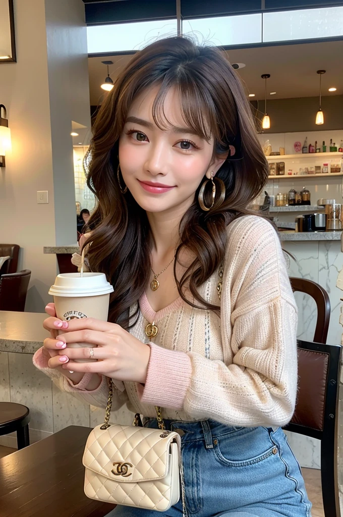((Highest quality)), ((masterpiece)), (detailed), Perfect Face, Modern cafe girl, Tweed pink Chanel outfit, yperdetailed face、A detailed eye、Double eyelids Concrete pouring Korean Style Wavy Hair a smile, Elegantly at the cafe、Coffee on the table, NO BAG, There is a big coffee cup on the table, Chanel Earrings