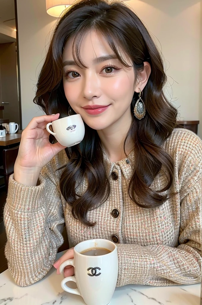 ((Highest quality)), ((masterpiece)), (detailed), Perfect Face, Modern cafe girl, Tweed pink Chanel outfit, yperdetailed face、A detailed eye、Double eyelids Concrete pouring Korean Style Wavy Hair a smile,  Elegantly at the cafe、Coffee on the table, NO BAG, There is a big coffee cup on the table, Chanel Earrings
