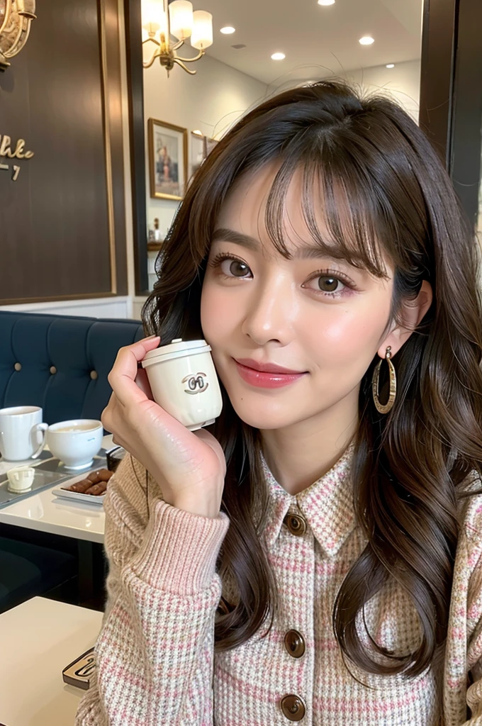 ((Highest quality)), ((masterpiece)), (detailed), Perfect Face, Modern cafe girl, Tweed pink Chanel outfit, yperdetailed face、A detailed eye、Double eyelids Concrete pouring Korean Style Wavy Hair a smile,  Elegantly at the cafe、Coffee on the table, NO BAG, There is a big coffee cup on the table, Chanel Earrings