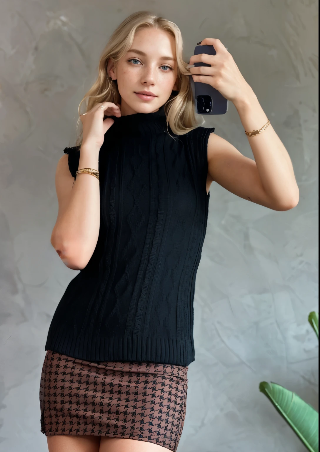a one woman, americana, age 25, pale skin and freckles, grey-eyed, delicate nose, soft and delicate lips, distant, distant, wavy, waist-length blonde hair, Sweet smile, face with delicate feminine facial features, Highly Rendering, golden bracelet