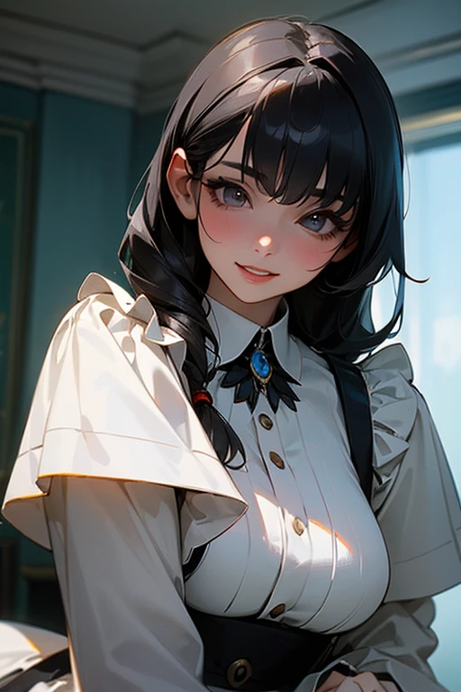 (Highest Resolution, clear_image) Highest quality, single, One woman, alone, masterpiece, Very detailed, Semi-realistic, Black Hairのショートヘア, Black Hair, bangs, 18-year-old, mature, Light blue , Indoor Background, kind, Authoritative, Powerful, exquisite features, exquisite features、Eyelashes become longer、Showing teeth、smile😀、Maid clothes、woman'Fingers in the、Sleeping on the sofa、Long Hair、Fluttering in the wind、((Off-the-shoulder clothing))、((Braid))、