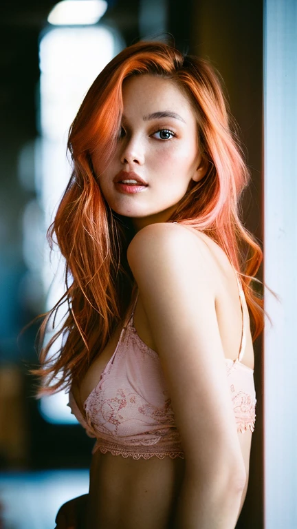 gritty candid raw portrait, close-up photo of a young 20 year old beautiful, big lips, full body, high cheekbones, playful, Danish and Korean mixed race, fluidic breasts, long curly blonde and neon pink undercut hair, realistic skin texture, very tall and athletic, boho-chic, flawed skin, shot with Sony Alpha A6500 1.4f, bokeh, highly detailed, masterpiece,
