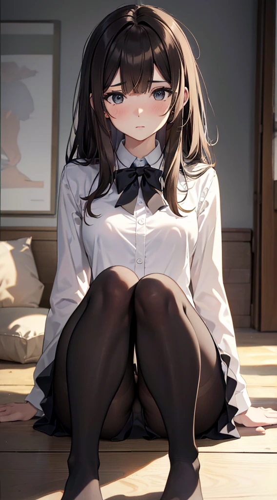 Top quality, masterpiece, High resolution, (Head to toe full body), front, frontやや下からの構図, Symmetric, Tall 18 year old girl, alone, (Head to toe), (Small breasts), Unkempt brown hair, bangs, (black tights), (Black Pantyhose), (Sit with your legs apart), (Crouching pose), (A composition showing white panties), (Her legs were spread、I see your white pants.), (I was made to sit on the floor with my legs spread..), (M-shaped legs), Thin legs, A very beautiful and tall 18 year old girl, (No shoes), blush, Shy big eyes, looking at the camera, Blazer Uniform, Checkered Pleated Skirt