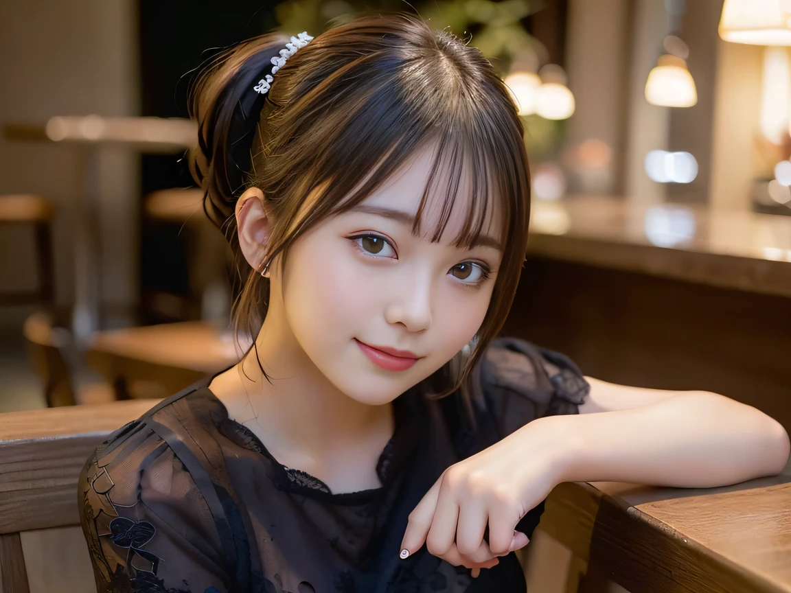 (Highest quality, masterpiece, Ultra-high resolution, 8K, RAW Photos, Realistic, Anatomically correct:1.5), 20-year-old girl:1.2, Embarrassing, avert your eyes, blush:1.0, View Viewer, ((bar)) 、Night view、 Light:1.2, Bokeh, Cinema Lighting:1.0, Depth of written boundary, sharp、 Cute face、Idol、Black short sleeve lace top、Black pleated skirt、Black clothing、”dwarf”、(Floral clothes)、(Full Body Shot)、Side angle、Cowboy Shot、 smile、(Ultra short hair、Short ponytail)、(Straight bangs)、((See-through))、(( One Girl))、Large Breasts、