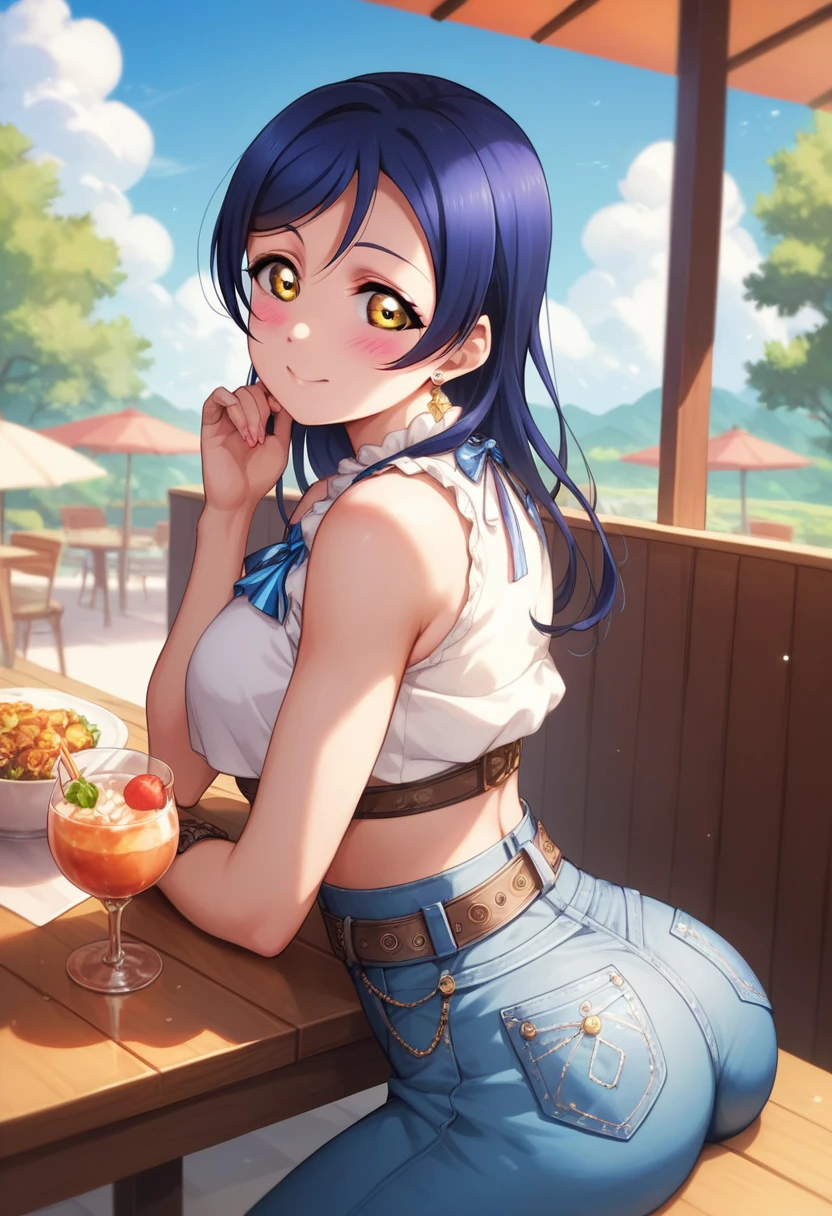 Masterpiece, best quality,Solo, cowboy shot,Sonoda umi love live, crop top,high waist pants, day,golden eyes,(blushing:1.2),restaurant , sitting, leaning over table , one belt,