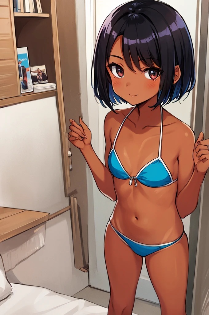 1girl,17yo,tanned body,short hair,my room,bikini,looking viewer,,handsome,f,standing,bob hair