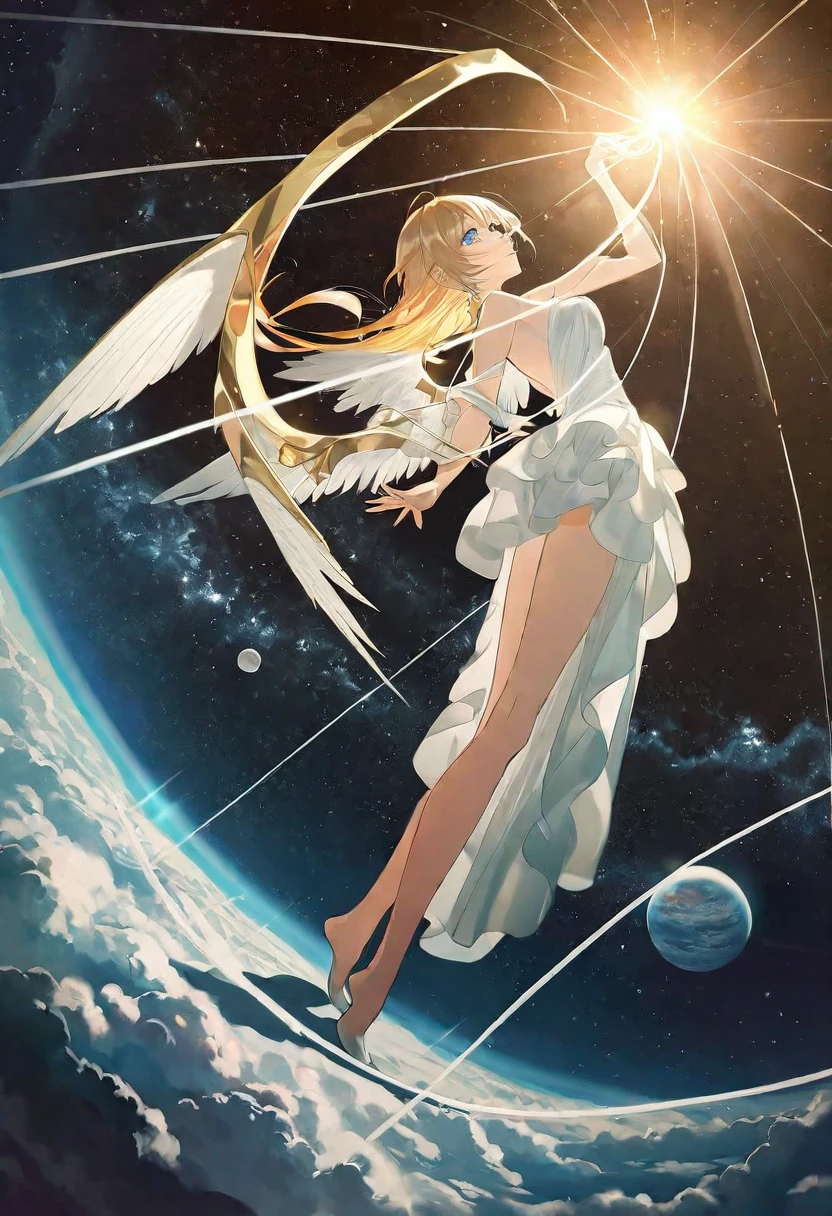 by rella, by foomidori, by lam, by makoto shinkai, by Ilya Kuvshinov,
A young female fashion model, detailed face, detailed eyes, detailed hair, angel, angel wing, mechanical wing, 
wedding dress,
(dynamic pose:1.2), (dutch angle:1.5), golden ratio,
mysterious, like a goddess,
break
clear blue sky, cloud, cloudy sky, space, star, planet, nebula, aurora, milky way, floral, space ship, deep space, perfect world, 
beautiful, aesthetic, detailed, beautiful color, 
amazing quality, best quality, high quality, ultra high res, absurdres, golden_ratio_xl, 