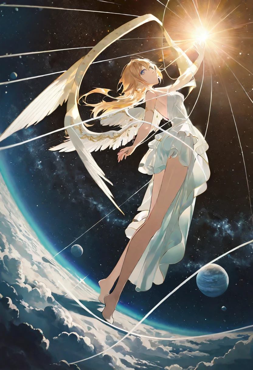 by rella, by foomidori, by lam, by makoto shinkai, by Ilya Kuvshinov,
A young female fashion model, detailed face, detailed eyes, detailed hair, angel, angel wing, mechanical wing, 
wedding dress,
(dynamic pose:1.2), (dutch angle:1.5), golden ratio,
mysterious, like a goddess,
break
clear blue sky, cloud, cloudy sky, space, star, planet, nebula, aurora, milky way, floral, space ship, deep space, perfect world, 
beautiful, aesthetic, detailed, beautiful color, 
amazing quality, best quality, high quality, ultra high res, absurdres, golden_ratio_xl, 